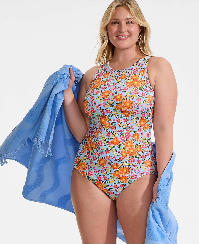 Lands' End Plus Tugless High Neck Portrait Back One Piece Swimsuit