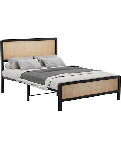 gaomon Queen Platform Bed Frame With Rattan Headboard and Footboard Rounded Corners Metal Slats Enhanced Stability