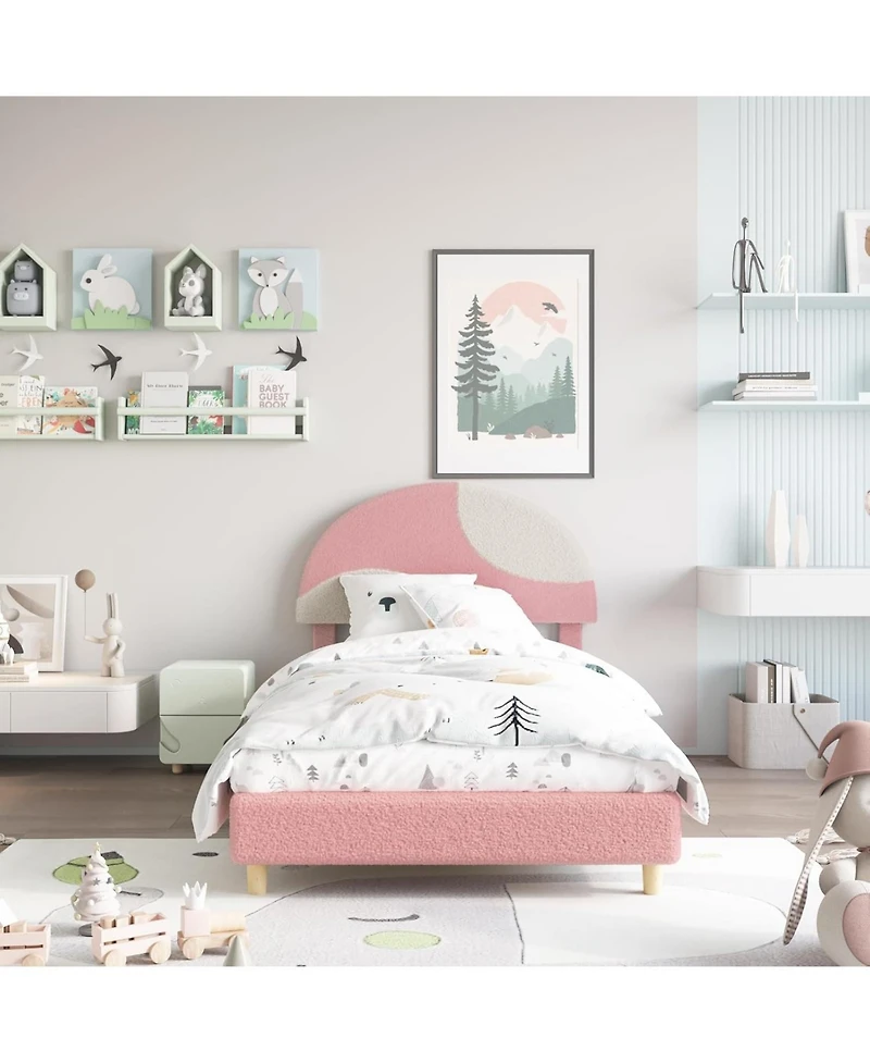 gaomon Modern Arch Boucle Twin Bed Frame Soft Pink and Beige Headboard Wooden Slats No Box Spring Cozy Bedroom