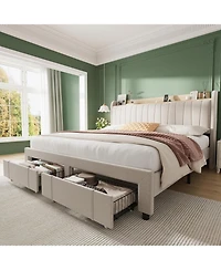 gaomon King Upholstered Bed Frame With Storage Headboard Charging Drawers Platform No Box Spring Easy Build
