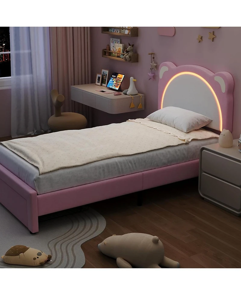 gaomon Twin Xl Bed Frame with Led Adjustable Bear Headboard Storage Drawers Kids Velvet Upholstered Platform Wood Slat