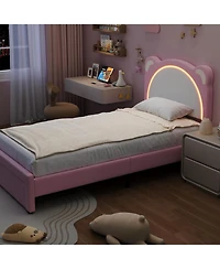 gaomon Twin Xl Bed Frame with Led Adjustable Bear Headboard Storage Drawers Kids Velvet Upholstered Platform Wood Slat