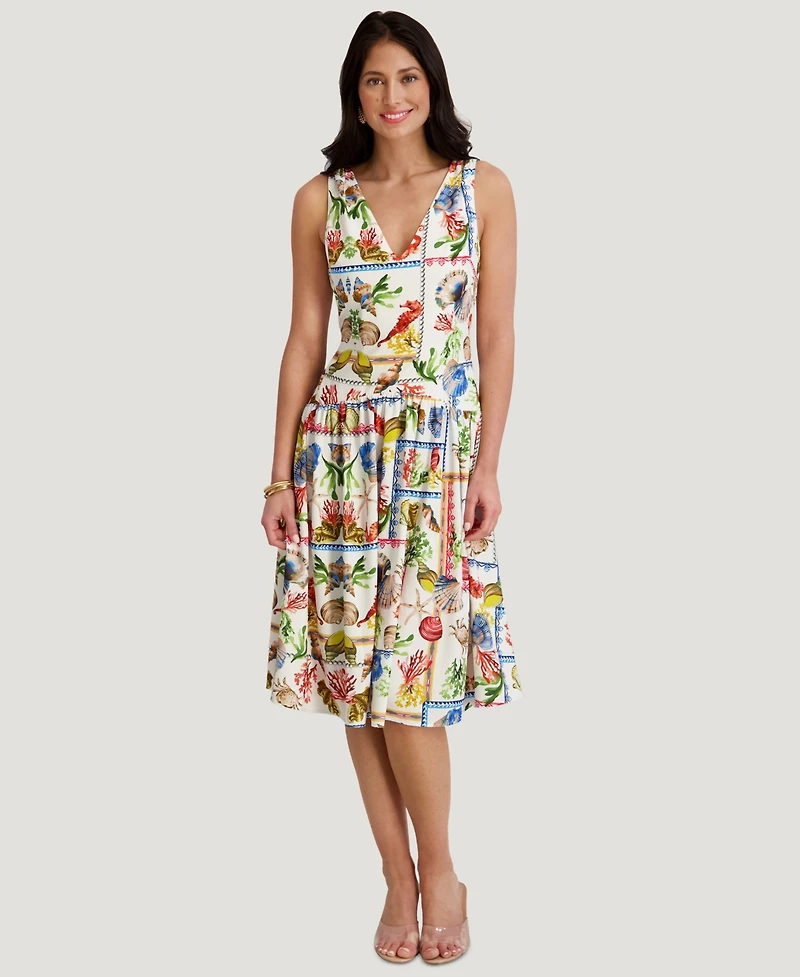 kensie Women's Printed V-Neck Midi Dress