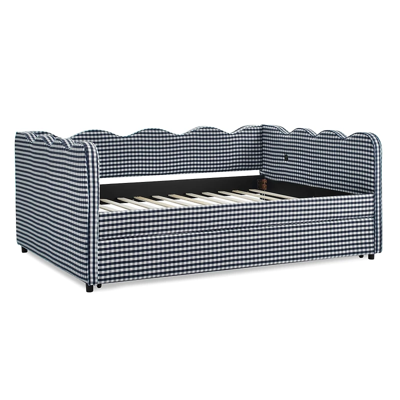 Streamdale Furniture Cozy Gingham Daybed with Twin Trundle, Usb Port, Linen Fabric