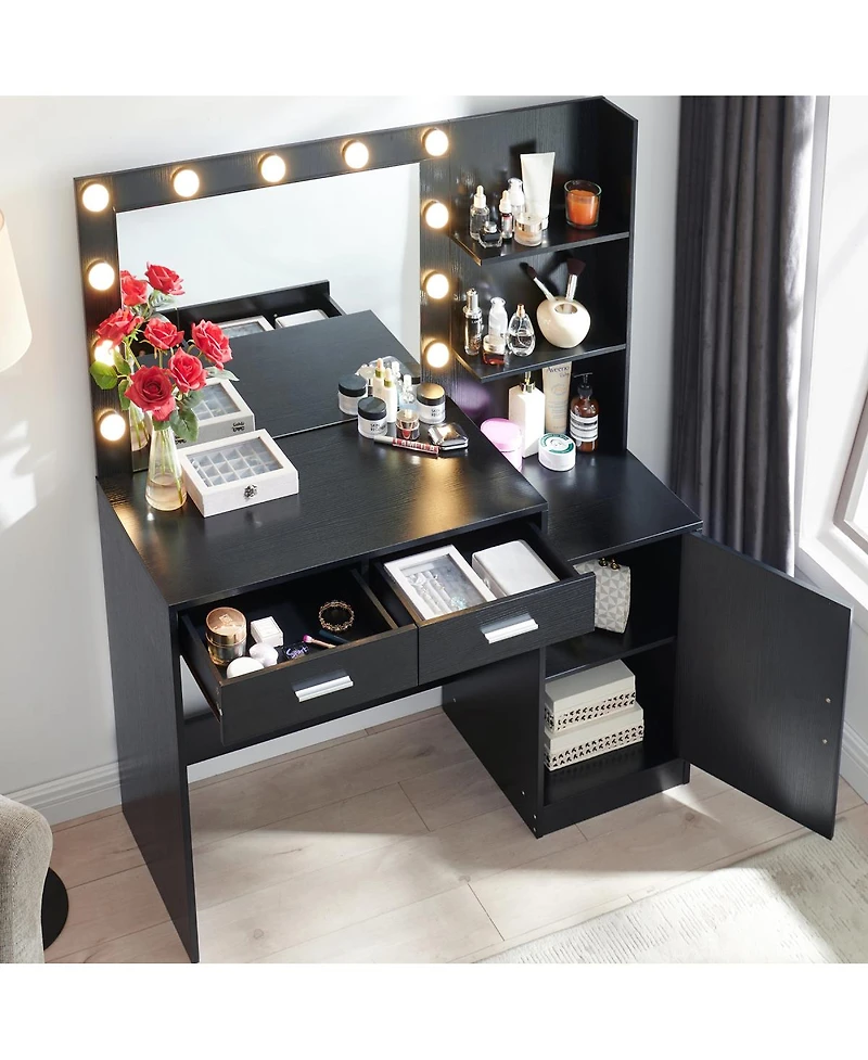 Streamdale Furniture Vanity Desk with Mirror, Lights, 2 Drawers & Organizer