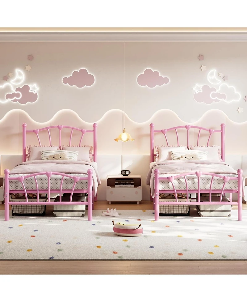 gaomon Twin Xl Bed Frame for Kids With Heart Headboard and Footboard Metal Slats Noiseless No Box Spring Needed