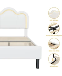 gaomon Twin Bed Frame Pu Upholstered Height Adjustable Mountain Design Headboard Noise Free Rgb Led Light No Box Spring