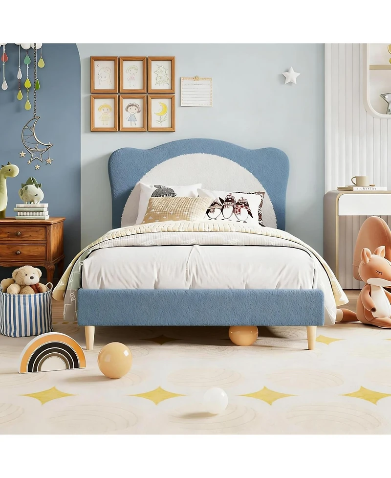 gaomon Full Upholstered Platform Bed for Kids Velvet Princess Bed Cute Panda Headboard Wood Slats No Box Spring