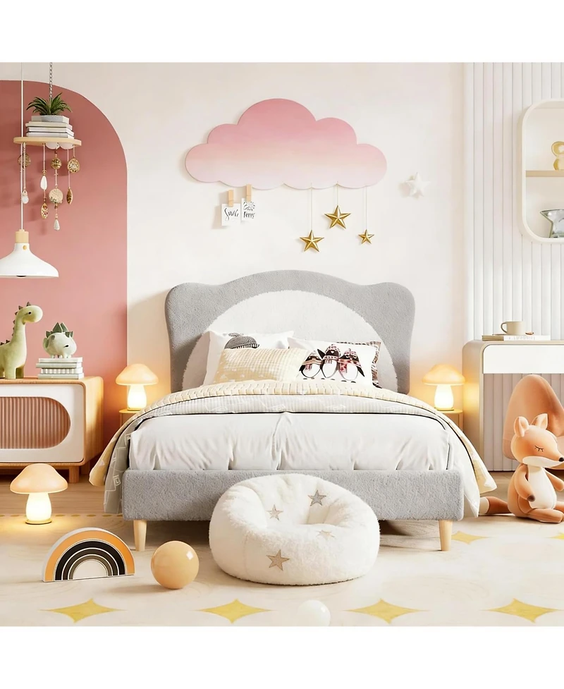 gaomon Upholstered Platform Bed for Kids Velvet Princess Panda Headboard Wood Slats No Box Spring