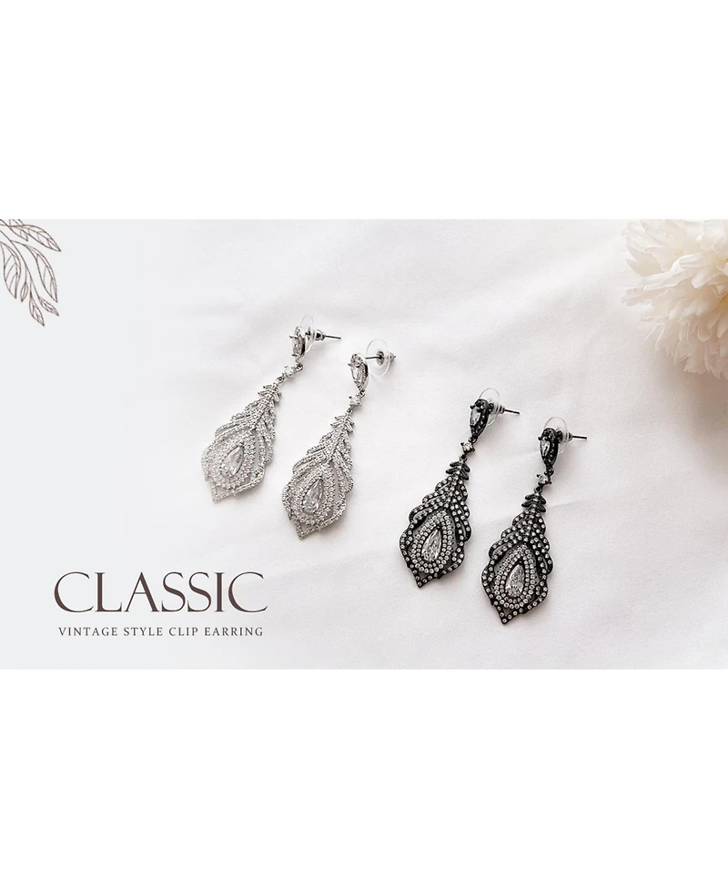 Bling Jewelry Art Deco Style Cubic Zirconia Leaf Teardrop Statement Cz Chandelier Clip On Earrings