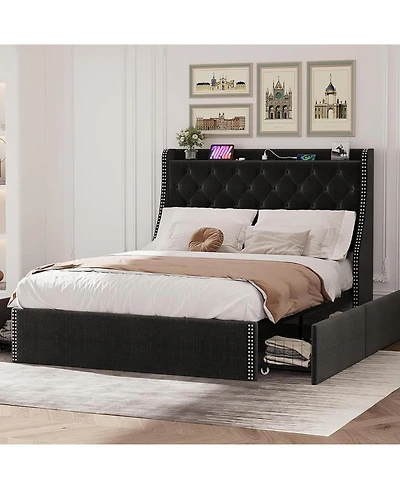 gaomon Bed Frame with 4 Storage Drawers, Wingback Headboard & Charging Station, Diamond Tufted