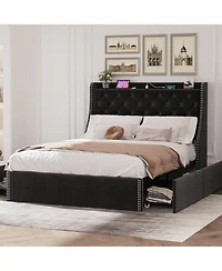 gaomon Bed Frame with 4 Storage Drawers, Wingback Headboard & Charging Station, Diamond Tufted