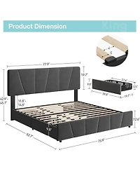 gaomon King Bed Frame Adjustable Headboard 4 Drawers Velvet Upholstered Tufted Platform Wood Support