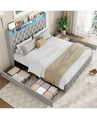 gaomon Queen Velvet Upholstered Platform Bed Frame with 4 Drawers Usb Charging Station Led Easy Assembly Wooden Slat Support