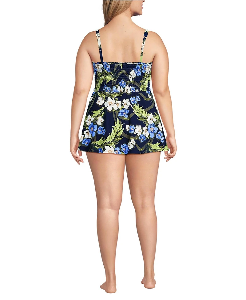 Lands' End Plus Square Neck Smocked Mini Swim Dress