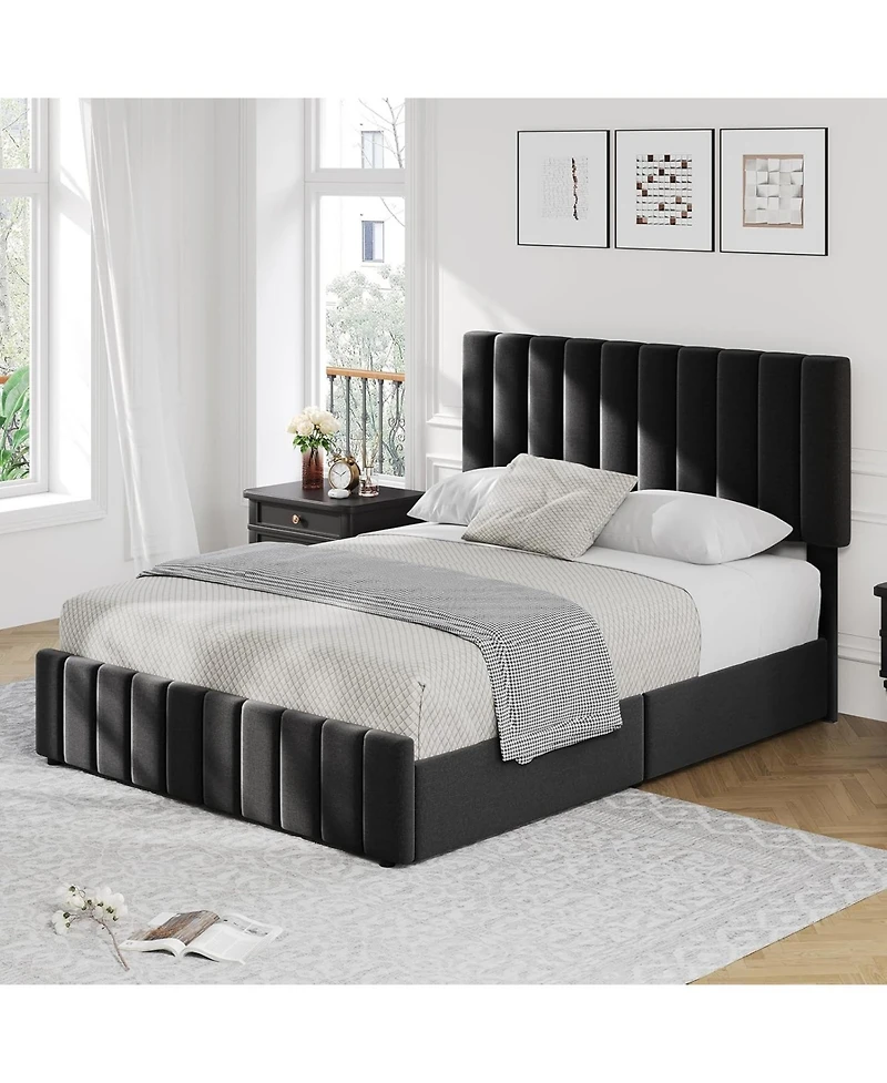 gaomon Full Upholstered Bed Frame 4 Drawers Adjustable Headboard Wood Slats No Box Spring