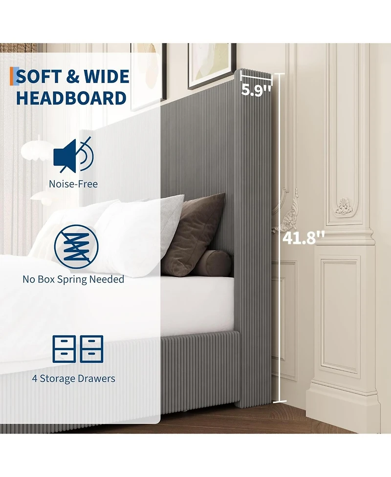 gaomon Queen Bed Frame with Storage Drawers Corduroy Upholstery Wingback Tufted Headboard No Box Spring Needed