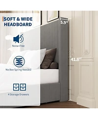 gaomon Queen Bed Frame with Storage Drawers Corduroy Upholstery Wingback Tufted Headboard No Box Spring Needed