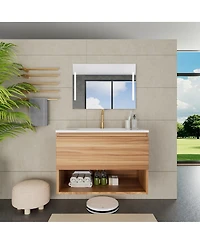 Sillysis 29" Wall Mounted Bathroom Vanity with Sink, Modern Walnut Mdf Cabinet, Large Drawer Storage for Small Space