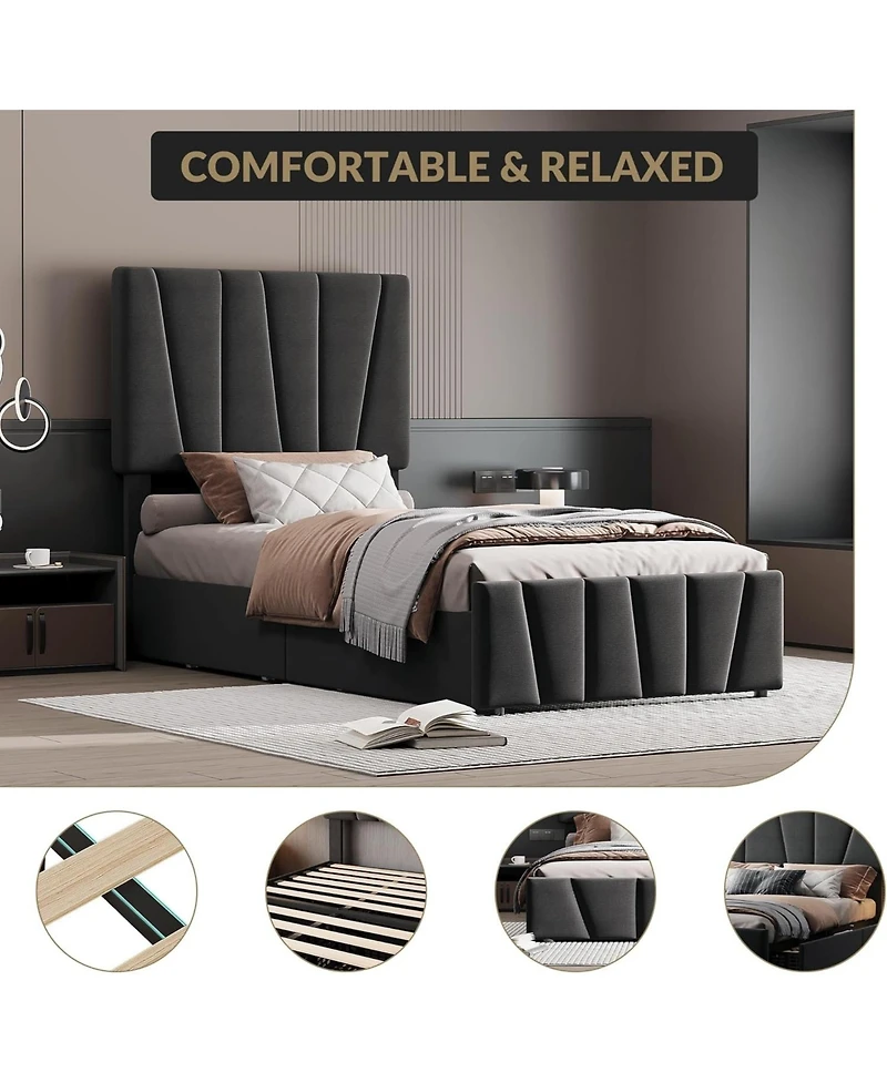 gaomon Bed Frame Adjustable Headboard 2 Drawers Linen Upholstered Platform Wood Slats Noise