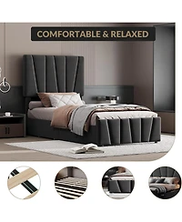 gaomon Bed Frame Adjustable Headboard 2 Drawers Linen Upholstered Platform Wood Slats Noise