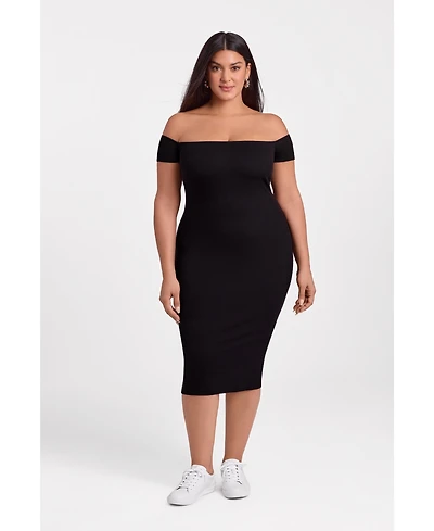 S3 Apparel Women's Off the Shoulder Straight Neck Ribbed Sculpting Midi Dress with Built-In Shapewear