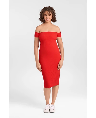 S3 Apparel Women's Off the Shoulder Straight Neck Ribbed Sculpting Midi Dress with Built-In Shapewear
