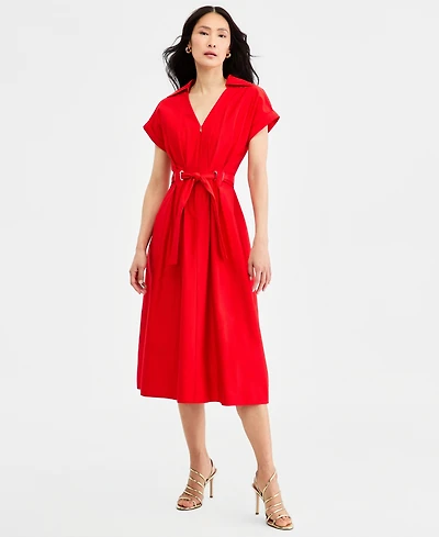 Halston Women's Collared Belted Grommet-Waist Midi Dress