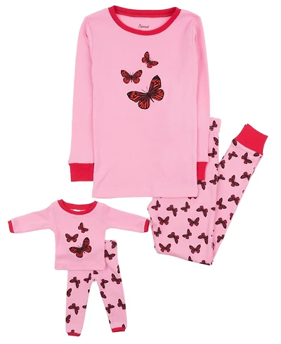 Leveret Toddler Girls' 2T-5T Butterfly Matching Doll Snug-Fit Cotton Long-Sleeve Pajamas, 2-Piece Set