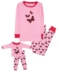 Leveret Toddler Girls' 2T-5T Butterfly Matching Doll Snug-Fit Cotton Long-Sleeve Pajamas, 2-Piece Set