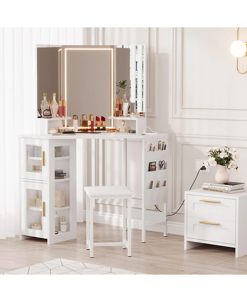 Gaomon Corner Makeup Vanity Desk with Led Lighted Mirror, Storage Cabinet and Charging Station