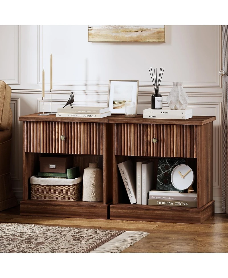 gaomon Fluted Nightstand with Drawer, Mid Century Modern Bedside Table Brown Nightstand with Storage