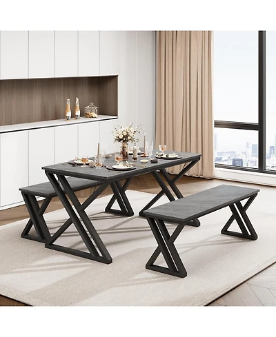 gaomon 4-Person Space-Saving Dining Table Set with 2 Benches and Sturdy Metal Frame, for Kitchen and Apartment