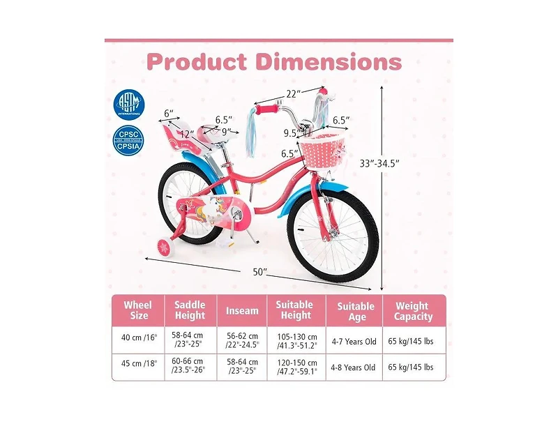 Hongge 18 Inch Girls Bike with Doll Seat and Training Wheels for 3-5 Years