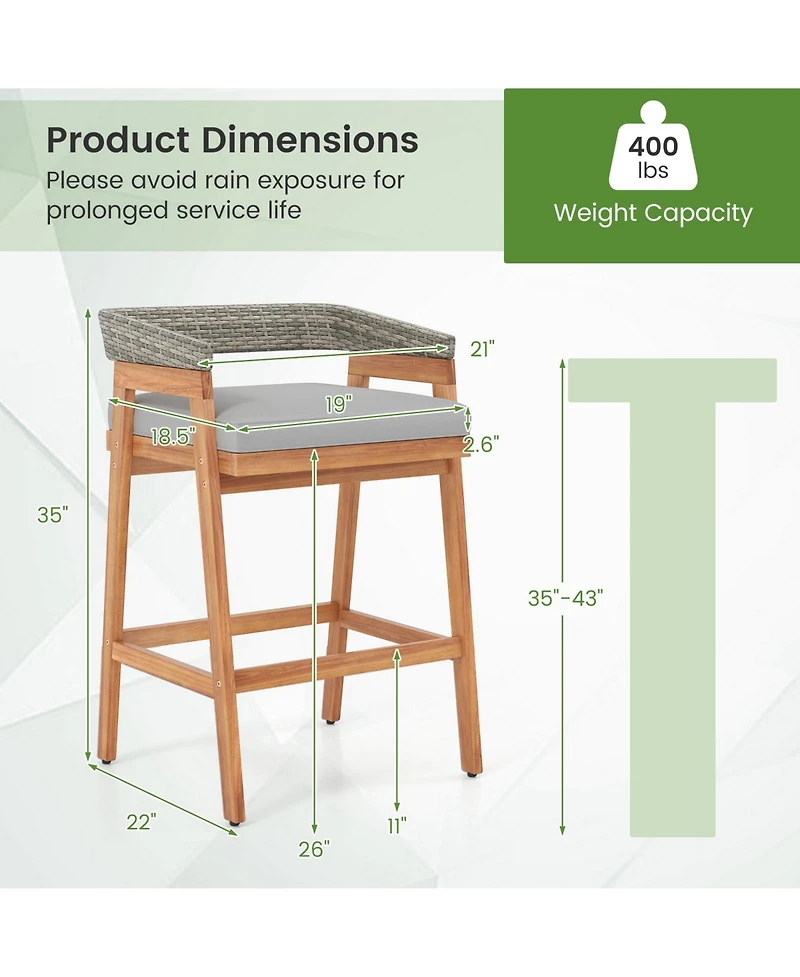 sumyeg Set of 2 Patio Acacia Wood Counter Height Bar Stools with Cushions and Wicker Backs