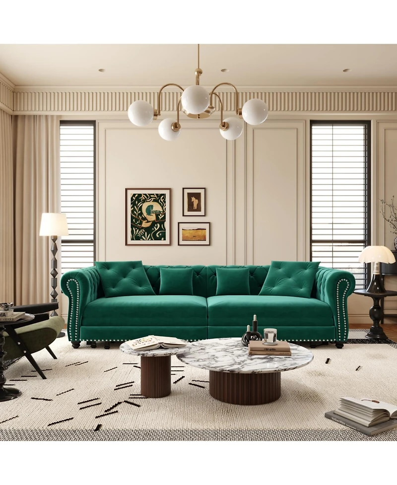 Streamdale Chesterfield Green Velvet King Size 3-in-1 Pull-Out Sofa Bed with Ottoman