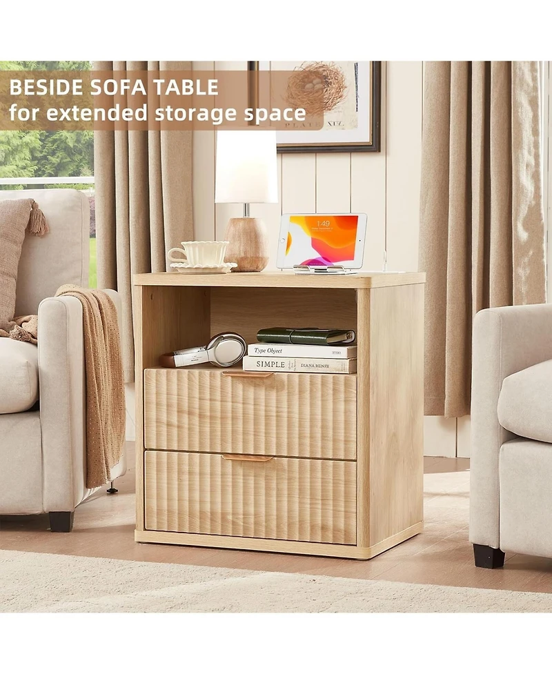gaomon Farmhouse 23" Fluted Nightstand with 2 Drawers and Charging Station