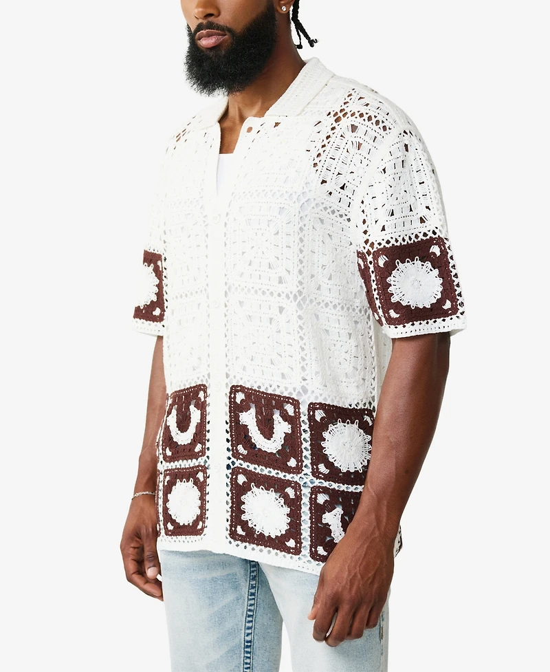 True Religion Men's Short-Sleeve Logo Crochet Knit Shirt
