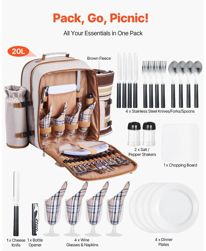 Mecale 4-Person Picnic Backpack with Insulated Cooler, Blanket and Tableware Set