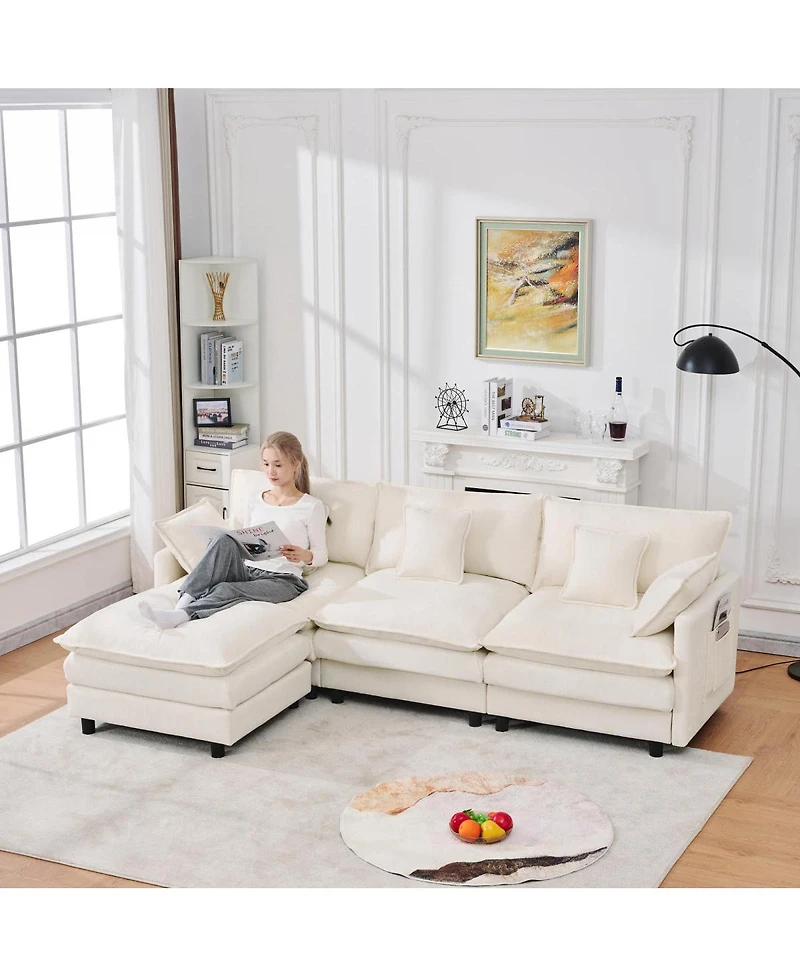 Streamdale Furniture 101.9" 3-seater cashmere sofa w/ movable footstool, modular.