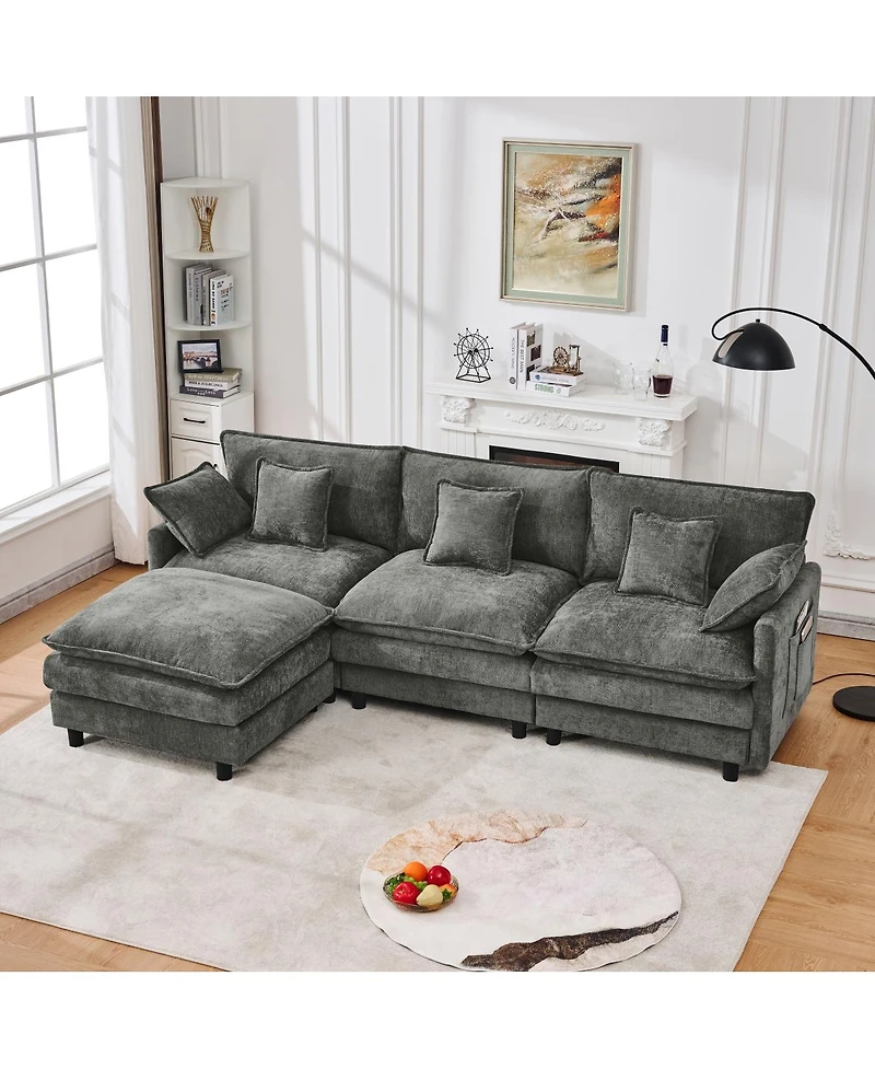 Streamdale Furniture 101.9" 3-seater cashmere sofa w/ movable footstool, modular design.