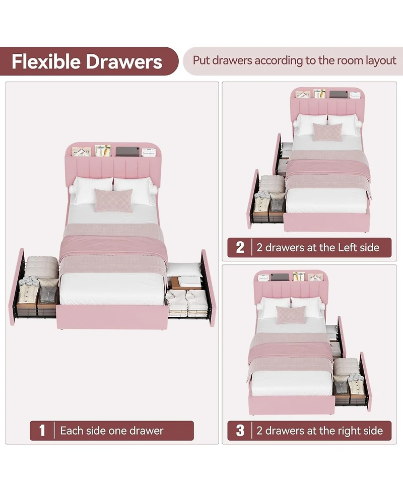 gaomon Bed Frame with Storage Headboard, Kids Bed Frame with 2 Drawers, Boucle Upholstered Platform Bed with Bookcase, No Box Spring Needed