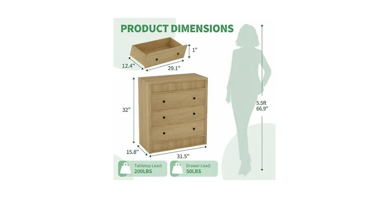 gaomon 3 Drawer Dresser for Bedroom, Wide Fluted Chest of Drawers, Modern Wooden Nightstand Storage Cabinet