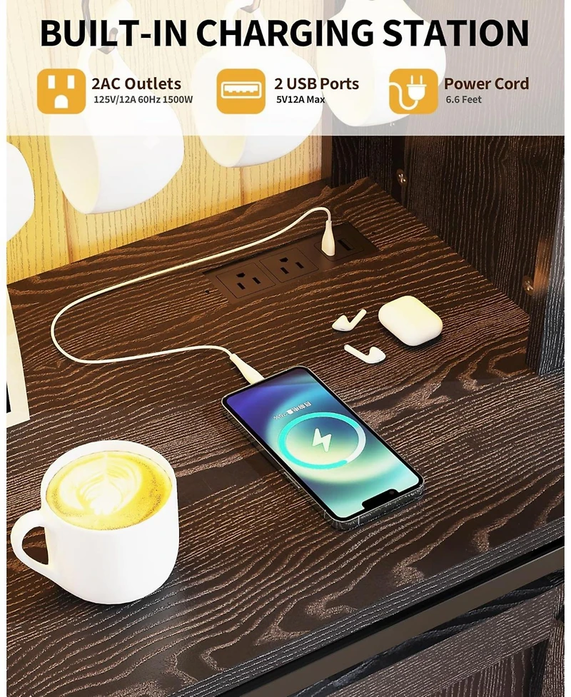 gaomon Farmhouse 55" Coffee Bar Cabinet with Sliding Barn Door & Power Outlet Led Light, Large Kitchen Hutch