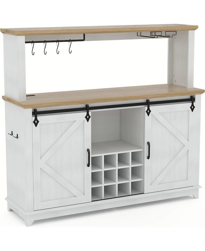gaomon Farmhouse 55" Coffee Bar Cabinet with Sliding Barn Door & Power Outlet Led Light, Large Kitchen Hutch
