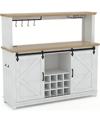 gaomon Farmhouse 55" Coffee Bar Cabinet with Sliding Barn Door & Power Outlet Led Light, Large Kitchen Hutch