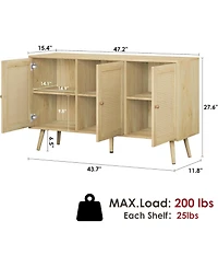 gaomon 47.2" Rattan Sideboard Buffet Cabinet with 3 Doors,Boho Adjustable Shelves, White Console Table for Living R