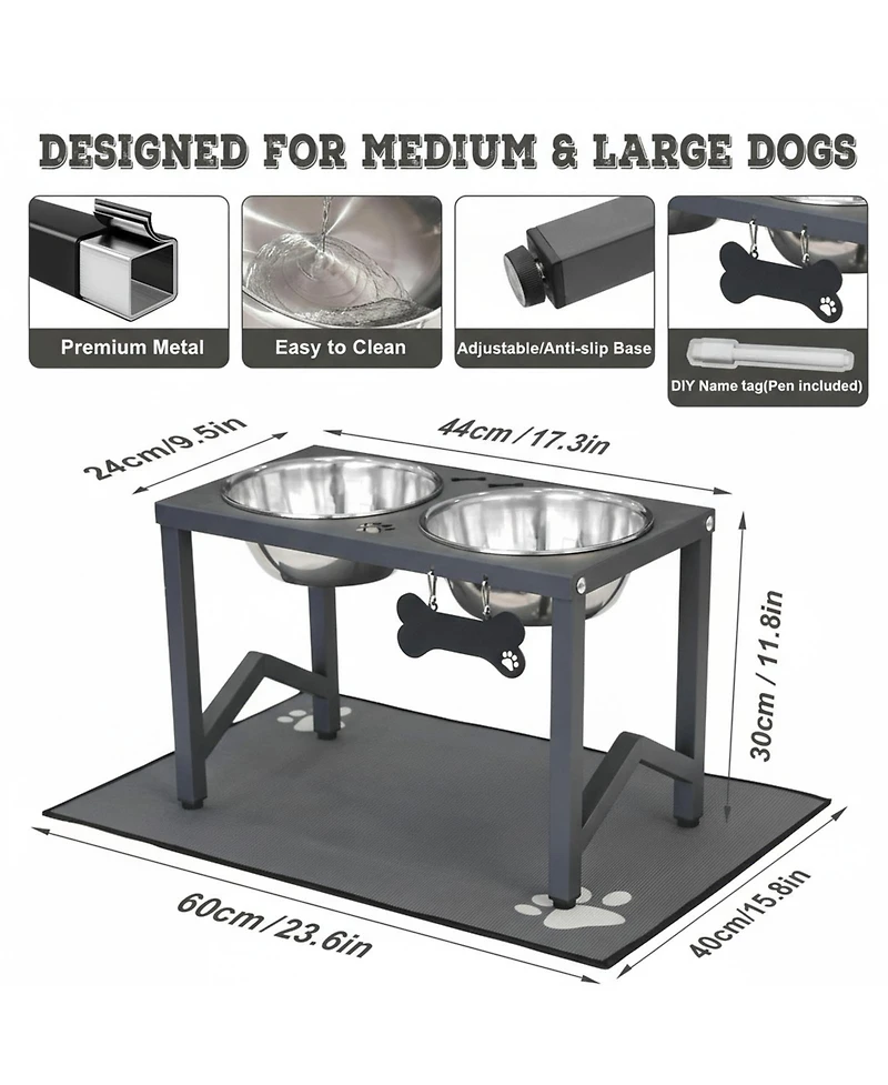 Aronkl Metal Raised Dog Bowl Stand with Stainless Steel Bowls Non Slip Mat for Medium Large Breeds