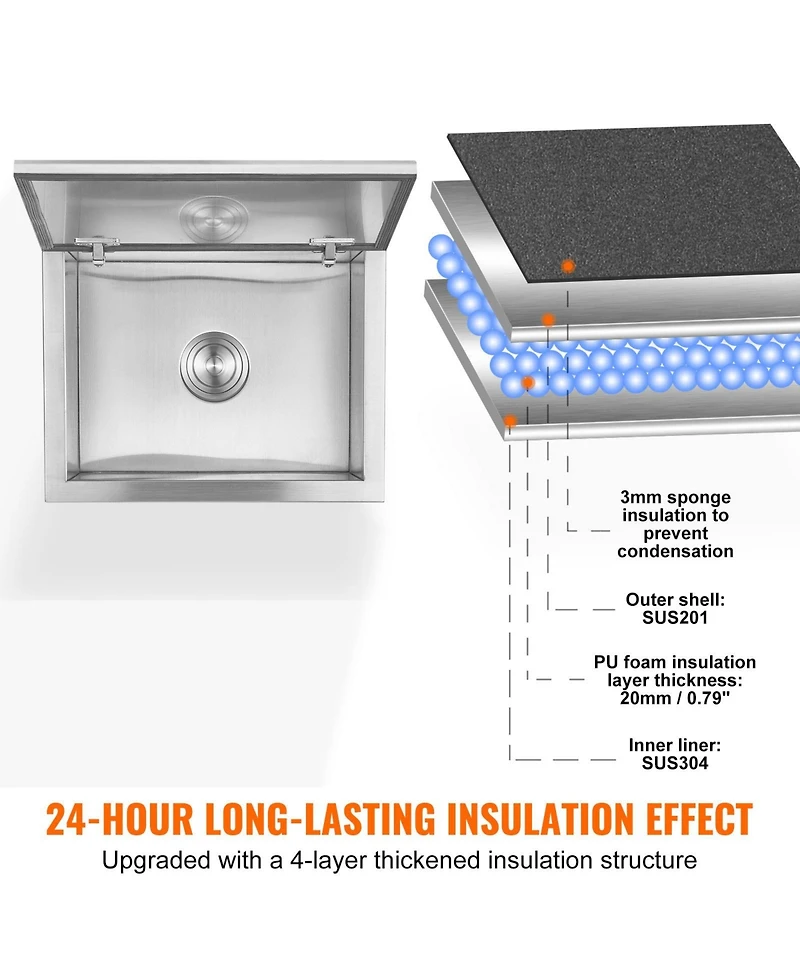 Mecale 20 x 16 x 13 Inch Drop-In Stainless Steel Ice Chest, 40 Qt with Hinged Lid