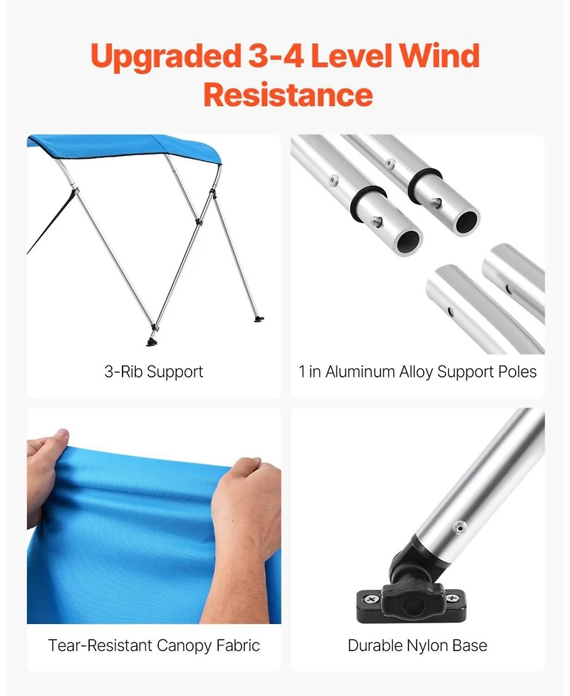 Mecale 3 Bow Boat Bimini Top 6 Ft with Aluminum Frame